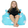 Child sitting in a blue cloud-patterned bean bag chair on a white background