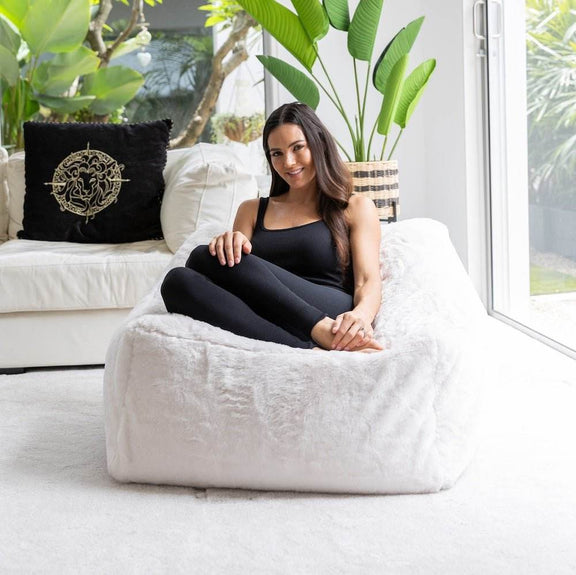 Furlah Ivory Fur Bean Bag Chair with lady posing